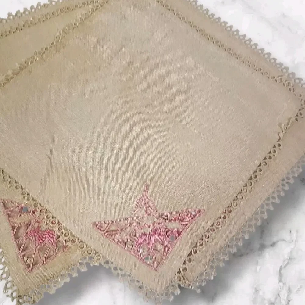 Vintage 1940s Set of 4 Cutwork Napkins with Tatted Edges Beige Pink 9